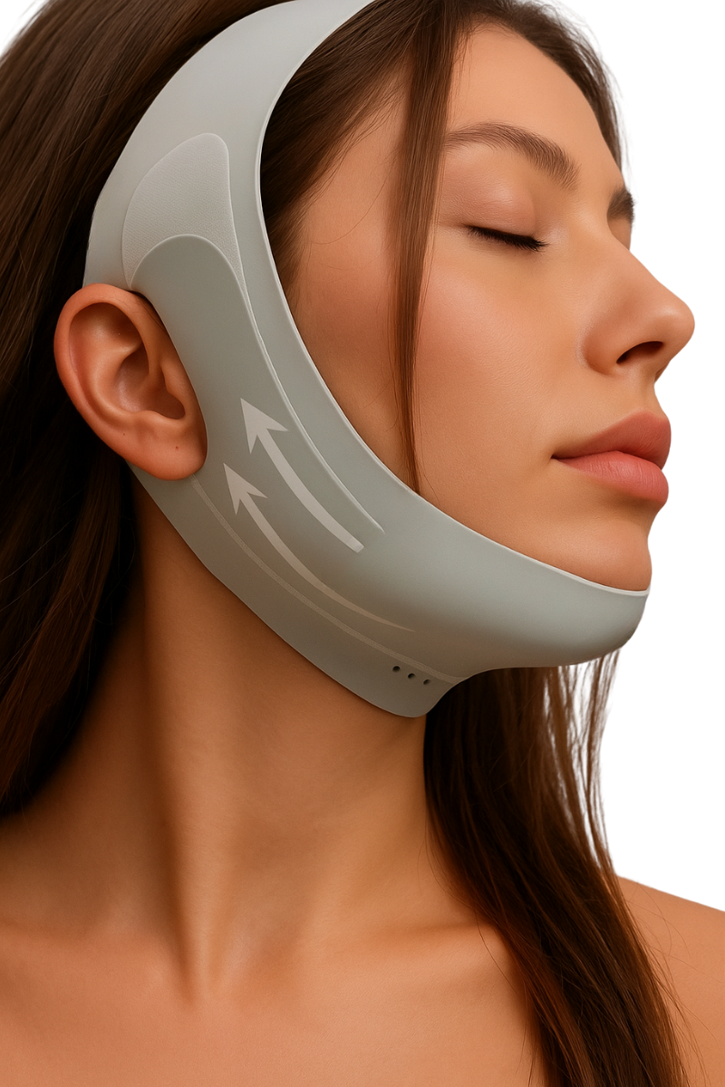 Femme portant le masque amincissant visage Hello Sculpt – réduction du double menton et raffermissement de l’ovale du visage