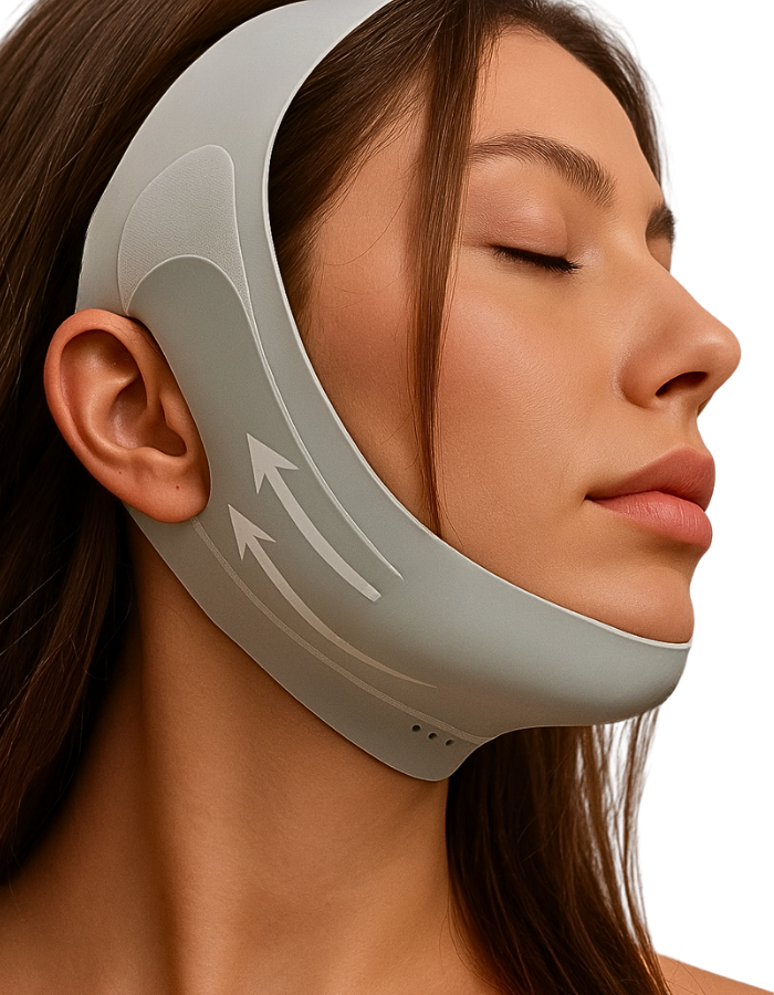 Femme portant le masque amincissant visage Hello Sculpt – réduction du double menton et raffermissement de l’ovale du visage